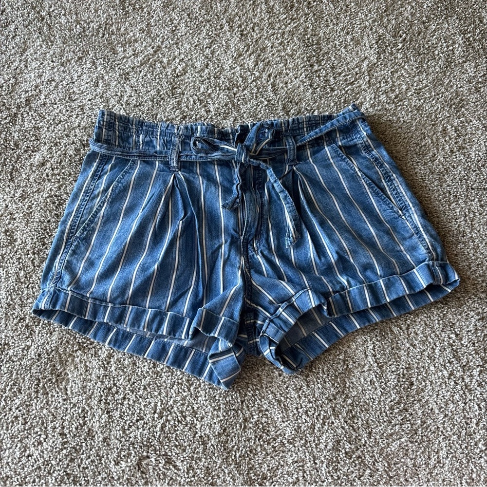 American Eagle Outfitters Blue Striped High-Waist Paperbag Tie Shorts
